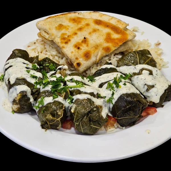 Greek dolmades with creamy sauce and parsley, served with rice and pita bread on a white plate.